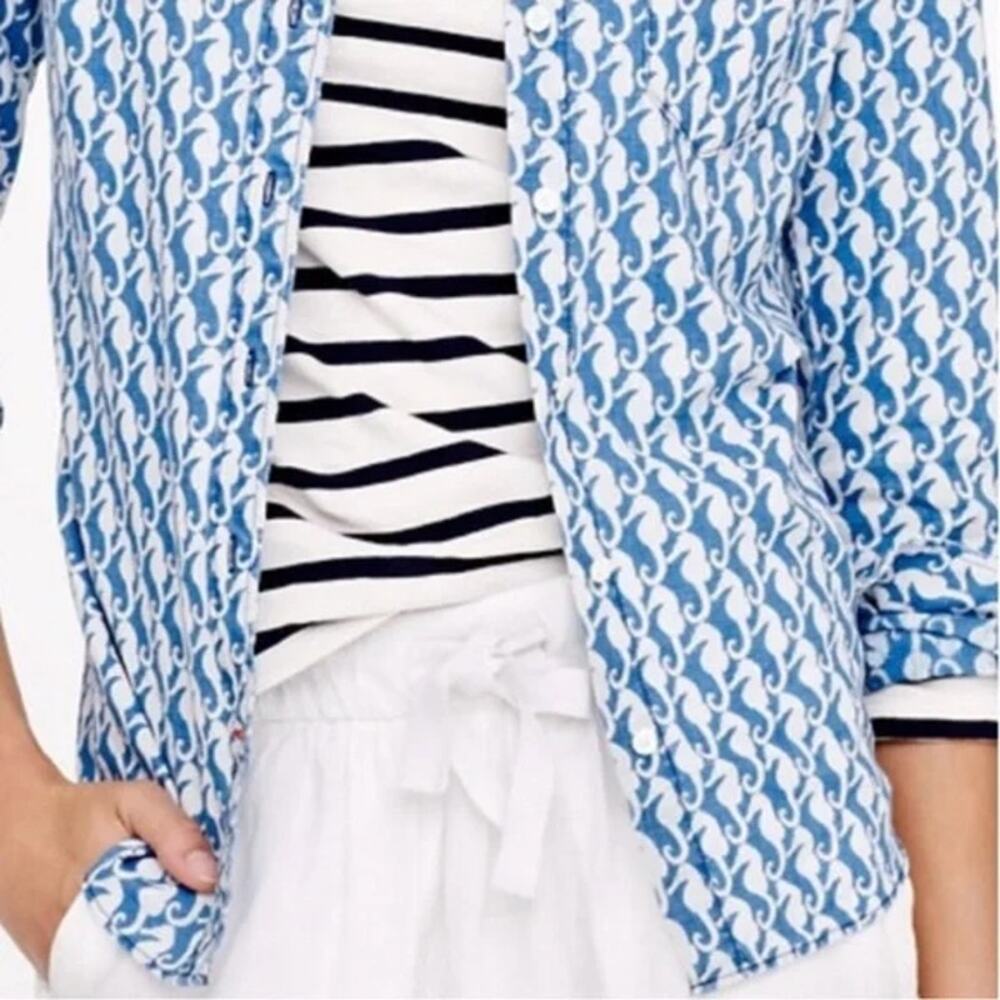 J. Crew Linen Boy Seahorse Print Button Down Shirt L/S Sz 6 Nautical Tropical